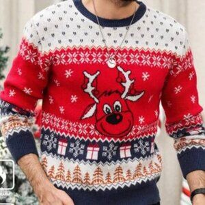 M🎄Festive Red Reindeer Ugly Holiday Sweater for Men Unisex